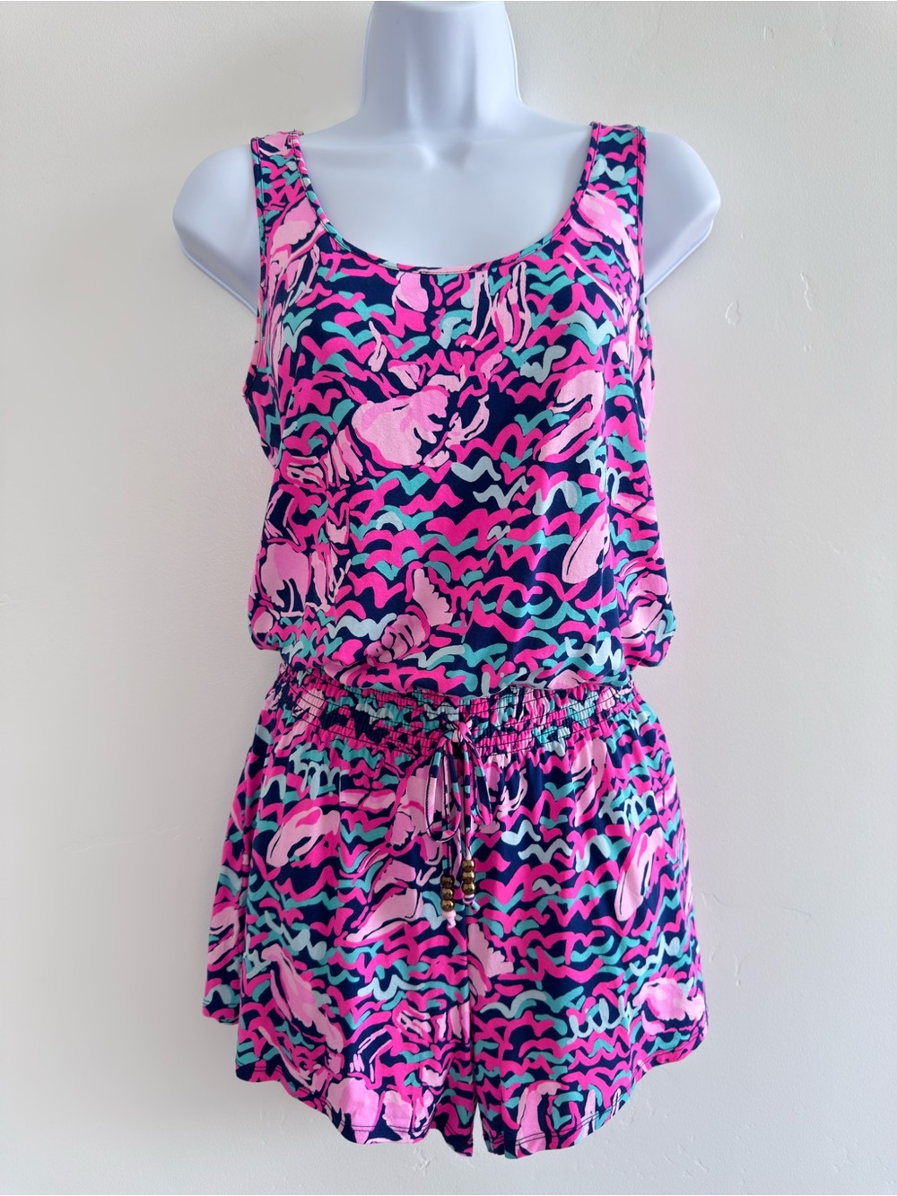 Lilly Pulitzer Tala Romper Pink Navy Pop Up Lobstah Roll Print M Resort Novelty